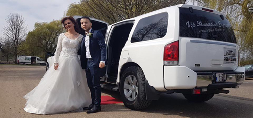 Bruidspaar poseert voor limousine