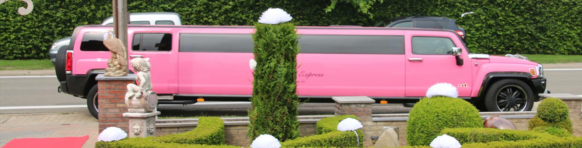 Roze limousine voor versierd huis